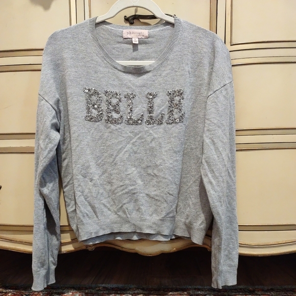 Philosophy Gray Cropped Top Long Sleeves Size L w/ BELLE Beaded Word - Picture 1 of 14